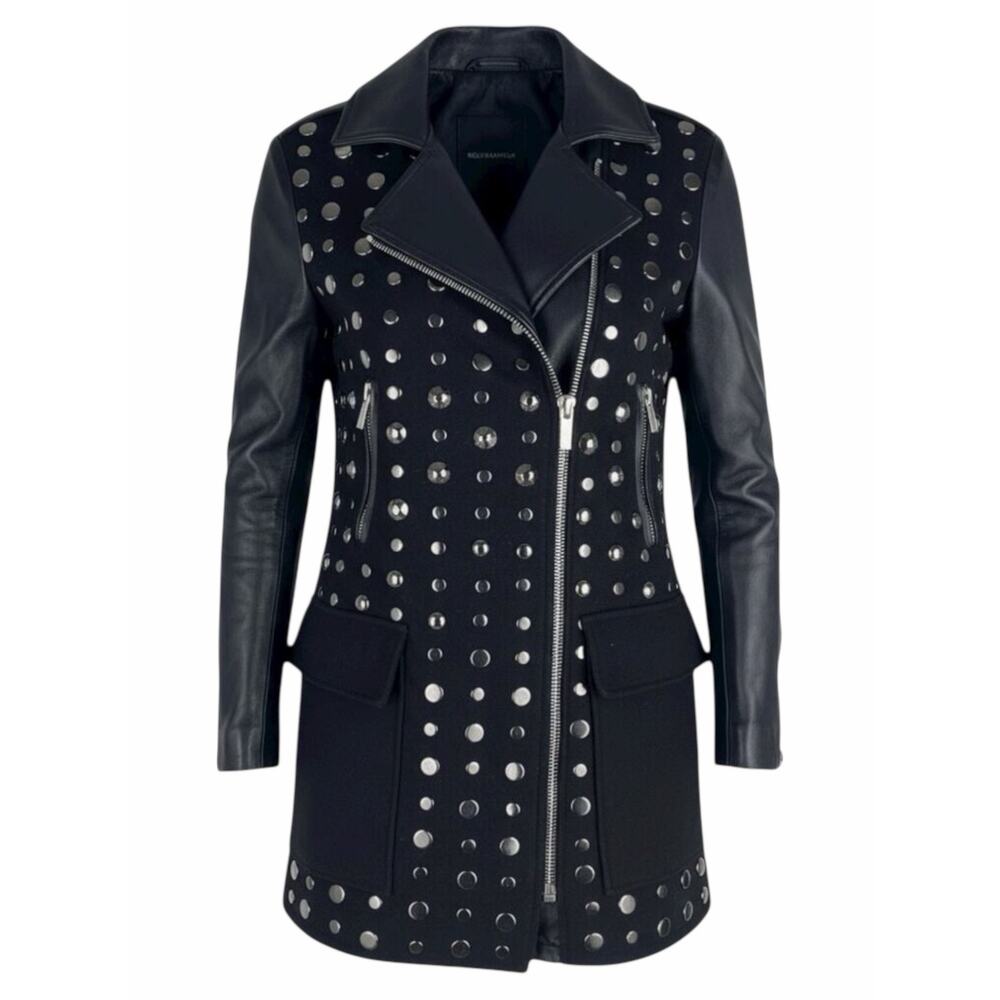 Nour Hammour Shearling Leather Studded Long Jacket Coat Black Size 36/ XS